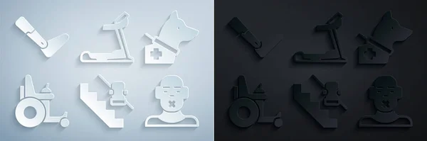 Set Disabled elevator, Guide dog, Electric wheelchair, Head of deaf and dumb, Treadmill machine and Prosthesis leg icon. Vector — Stok Vektör