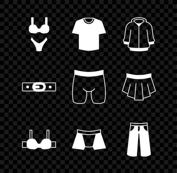 Fürdőruha, póló, kapucni, melltartó, férfi alsónadrág, nadrág, öv és kerékpáros rövidnadrág ikon. Vektor — Stock Vector