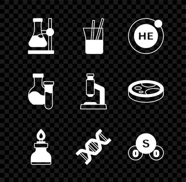 Установите колбу для пробирки на стойке, лабораторную стеклянную посуду, гелий, горелку спирта, символ ДНК, диоксид серы SO2 и значок микроскопа. Вектор — стоковый вектор