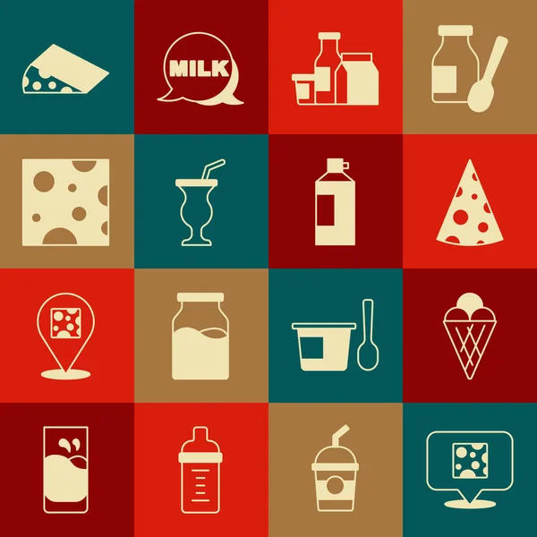 Set Cheese, Ice cream in waffle cone, Milk product, Milkshake, dan Whipped bottle icon. Vektor Stok Ilustrasi Bebas Royalti