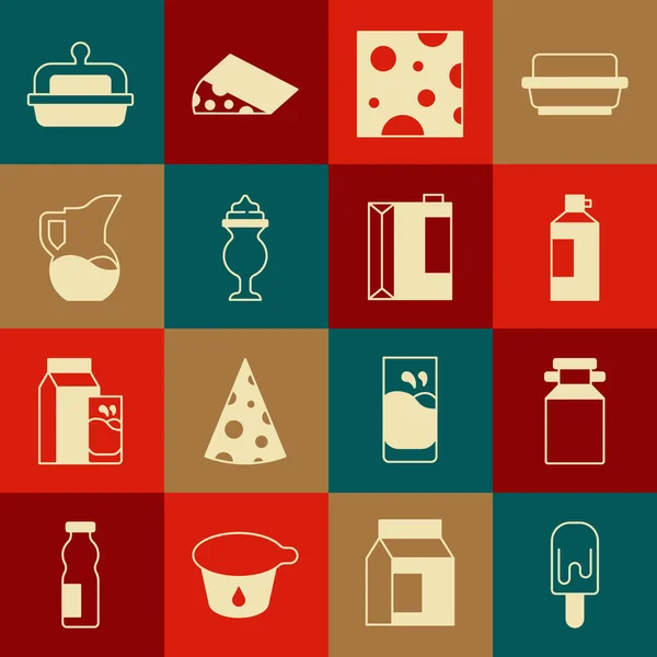 Set Ice cream, Can container for milk, Whipped bottle, Cheese, Milkshake, jug pitcher, Butter butter dish dan Paper package kefir icon. Vektor Stok Ilustrasi Bebas Royalti