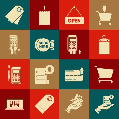 İnsan elini boş makbuzla ya da ödeme faturasıyla tut, burada pano asma yazısını, Pos terminal eklenmiş kredi kartı, Blank etiket fiyat etiketi ve simgesini ayarlayın. Vektör