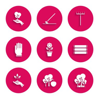 Saksıda Çiçek, Elmalı Ağaç, Ağaçlar, Tahta Kutu, Çevre Koruma bitki eli, bahçe eldivenleri, tırmık ve ikon. Vektör