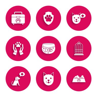 Kedi, kedi, köpek, kafes kuşları, veteriner kliniği sembolü, el hayvanları ayak izi ve ilk yardım çantası ikonu için akvaryumu balıklarla donatın. Vektör