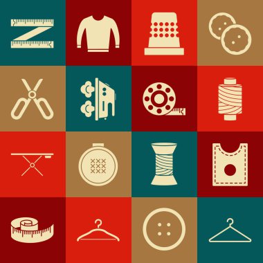 Askı dolabını, dikiş desenini, dikiş ipliğini dikiş için yüksüğü, elektrikli ütüyü, makası, mezurayı ve ikonu ayarla. Vektör