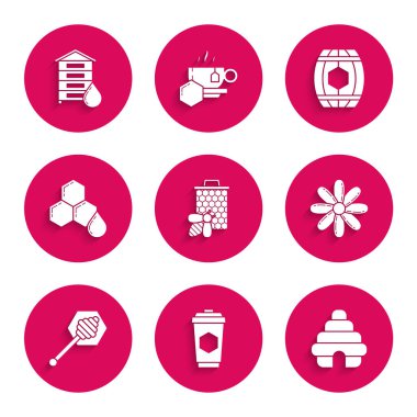 Arı ve bal peteği, bir fincan çay, arılar için kovan, çiçek, bal kovanı çubuğu, bal peteği, ahşap fıçı ve ikon. Vektör