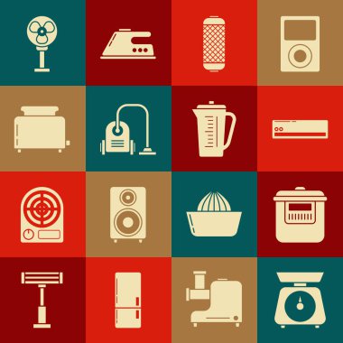 Set pulları, Yavaş pişirme makinesi, klima hoparlörü, elektrikli süpürge, elektrikli tost makinesi, elektrikli fan ve ölçü kabı ikonu. Vektör