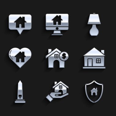 House 'u dolar sembolü, emlakçı, kalkan, Washington anıtı, kalp şekli, masa lambası ve harita işaretleyici ev ikonu ile ayarla. Vektör