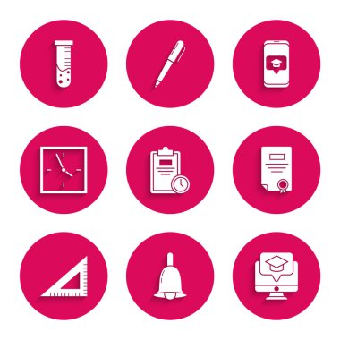 Sınav kağıdını saat, zil, Monitor mezuniyet şapkası, sertifika şablonu, üçgen cetvel, saat, mezuniyet ekranı akıllı telefonu ve test tüpü ve matara kimyasal ikonu ile ayarla. Vektör