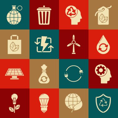 Kalkanın içindeki Geri Dönüşüm sembolünü, teçhizatlı insan kafasını, temiz su, geri dönüşüm, şarj etme, kağıt alışveriş torbası, Dünya gezegeni ve geri dönüşüm simgesini ve rüzgar türbini simgesini ayarla. Vektör