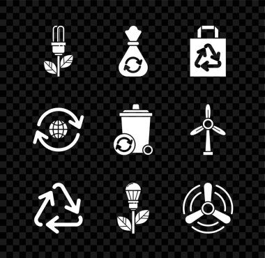 Ampulü yaprak, çöp poşeti geri dönüşüm, kağıt alışverişi, geri dönüşüm sembolü, rüzgar türbini, dünya gezegeni ve geri dönüşüm ve ikon ile ayarla. Vektör