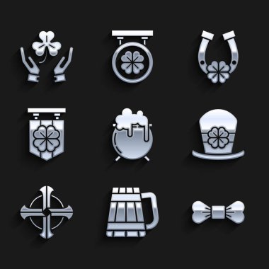 Cadı kazanı, tahta bira kupası, papyon, leprikon şapka ve dört yaprak yoncası, Kelt haçı, sokak tabelası, At nalı ve insan eli simgesi. Vektör