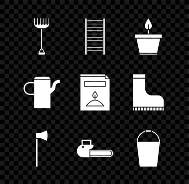 Bahçe tırmığı, tahta merdiven, saksı, balta, testere, kova, su kovası ve bir paket özel bitki ikonu. Vektör