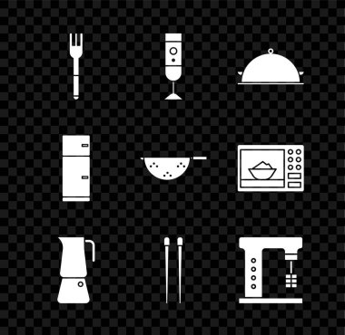 Çatal, blender, tepsi dolusu yiyecek, Moka tenceresi, yemek çubukları, elektrikli mikser, buzdolabı ve mutfak süzgeci ikonu ile kaplanmış. Vektör