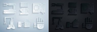 Smart Home 'u, PCB' yi, Assembly Line 'ı, Mekanik robot eli, Robot ve ikon' u ayarla. Vektör