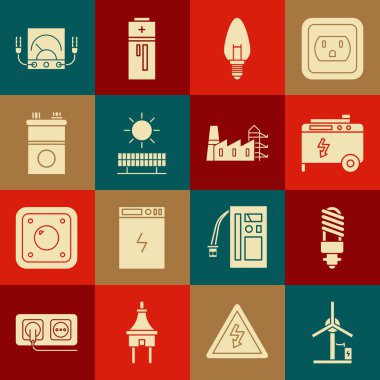 Rüzgar türbini, LED ampulü, taşınabilir elektrik jeneratörü, ışık, güneş ve güneş paneli, araba aküsü, ampere ölçer, multimetre, voltmetre ve elektrik santrali ikonu. Vektör