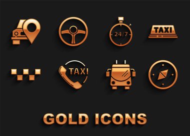 Taksi çağırma servisini, araba çatısını, pusulayı, Trolleybus 'u, Stopwatch' ı 24 saat taksiyi ve direksiyon simgesini gösteren harita işaretçisini ayarla. Vektör