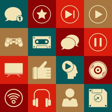 Disket diskini bilgisayar veri depolama, Vinil, Duraklat düğmesi, İleri sar, Retro ses kaseti, Gamepad, Konuşma balonu sohbeti ve simge için ayarla. Vektör