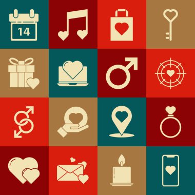 Cep telefonunu kalple, alyansla, kalbi dart hedefinin merkezine, alışveriş çantasına, laptopa, hediye kutusuna ve Takvim 14 Şubat ve erkek cinsiyet simgesi simgesine ayarla. Vektör