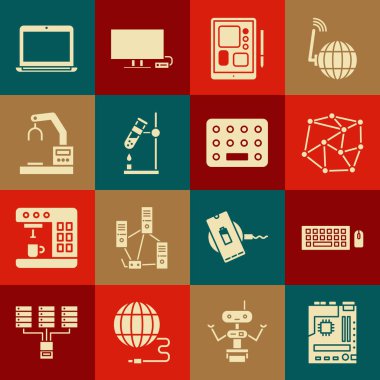 Ana tahtayı, klavyeyi ve fareyi, sinirsel ağı, grafiksel tableti, test tüpünü, robot kol fabrikasını, dizüstü bilgisayarı ve şişme paketteki hapları ateşe verin. Vektör
