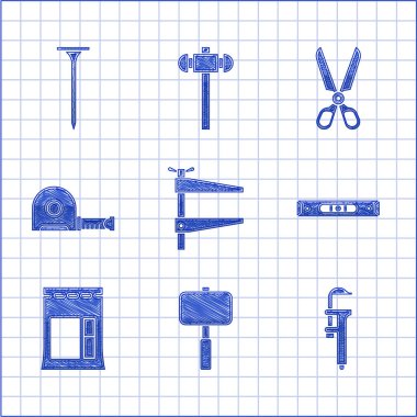 Klemp aleti, Balyoz, Calliper veya kalibre ve ölçek, inşaat baloncuk seviyesi, çimento torbası, rulet inşaatı, makas ve metal tırnak ikonu ayarlayın. Vektör