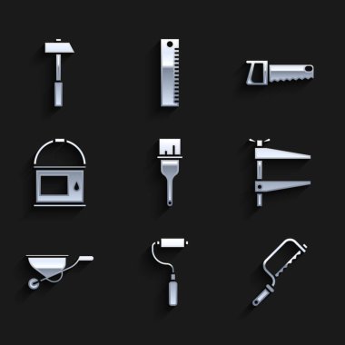 Boya fırçası, silindir, testere, klemp aleti, el arabası, kova, El ve Çekiç simgesi. Vektör