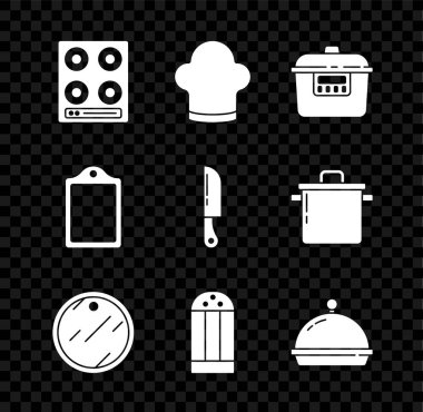 Gaz sobası, şef şapkası, ağır ateşte pişirme, kesme tahtası, tuz tepsi yemek ve bıçak ikonu ile kaplanmış. Vektör