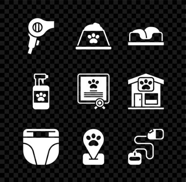 Saç kurutma makinesi, evcil hayvan kasesi, yatak, köpek için bebek bezi, ev hayvanı tımarlama, geri çekilebilir ip tasması, şampuan ve sertifika ikonu. Vektör