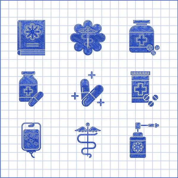 Set Médicament Pilule Comprimé Caduceus Serpent Symbole Médical Bouteille Médicale — Image vectorielle