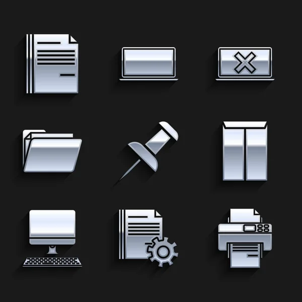 Установите Push Pin Document Settings Gears Printer Envelope Computer Monitor — стоковый вектор