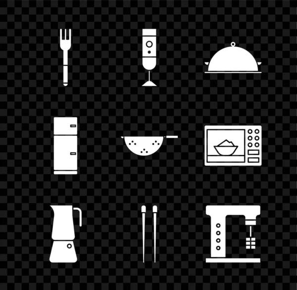 セットフォーク ブレンダー 食品のトレイで覆われ 真岡鍋 食品箸 電気ミキサー 冷蔵庫とキッチンザルのアイコン ベクトル — ストックベクタ