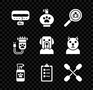 Yakasına isim etiketi, şampuanı, pire araması, kuaför salonu fiyat listesi kulak için pamuk çubuğu, kuaför hayvanı ve köpek ikonu koyun. Vektör