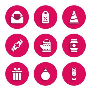 Noel eldiveni, top, şampanya, bira kutusu, hediye kutusu, şeker, parti şapkası ve parti davetiyesi ikonu. Vektör