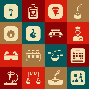 Kimyasal formülü ayarla, periyodik tablo, laboratuvar asistanı, huni filtresi, çatlak şişe, ateş alevi, Pipette ve Elektronik ölçek simgesi. Vektör