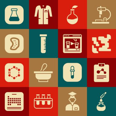 Test tüpü ve matara, kimya raporu, gaz, bitki yetiştirme, bakteri ve kimyasal ikonu hazırla. Vektör