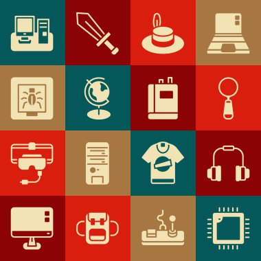 İşlemciyi işlemci, kulaklıklar, büyüteç, insan şapkası, dünya küresi, böcek çerçevesi, monitör klavyesi ve kitap simgesi ile ayarla. Vektör