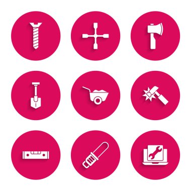 El arabası, testere, dizüstü bilgisayar servisi, çekiç, balon seviyesi, kürek, tahta balta ve metal vida ikonu. Vektör