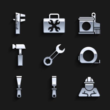 Anahtarı ayarla, Rasp metal dosyası, Builder, Rulet inşaatı, macun bıçağı, Hammer, boya kovası ve fırça ve Calliper veya kalibre ikonu. Vektör