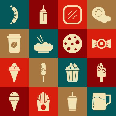 Tahta bira bardağı, dondurma, şeker, biftek, yemek çubuğuyla pilav, paket kahve fincanı, Hotdog ve kurabiye ya da bisküvi ikonu. Vektör