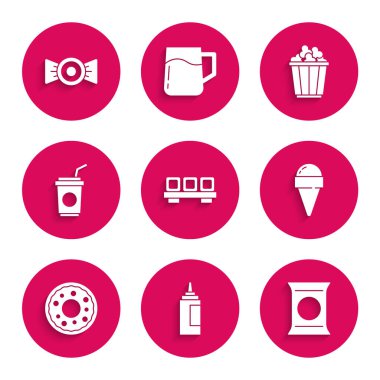 Suşi, sos şişesi, patates cipsi, dondurma külahı, kamışlı kağıt bardak, patlamış mısır kutusu ve şeker ikonu. Vektör