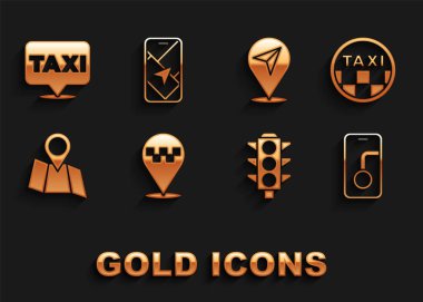 Konumu taksi, taksi araba çatısı, şehir haritası navigasyonu, trafik ışığı, katlanmış konum ve simge ile ayarlayın. Vektör