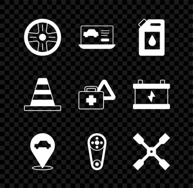 Alaşımlı tekerlek, arabanın teşhisi, motor yağı tenekesi, servis yeri, emniyet kemeri kiti, İngiliz anahtarı, trafik konisi ve ilk yardım ve uyarı üçgeni ikonu. Vektör