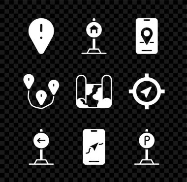 Ünlem işaretli konumu, trafik işareti, şehir haritası navigasyonu, trafik dönüşü, park yeri, yol konumu ve katlanmış simge ile ayarlayın. Vektör