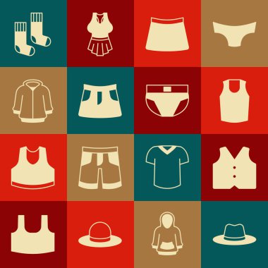 Set Man şapkası, yelek, atlet, etek, kapüşon, çorap ve erkek iç çamaşırı ikonu. Vektör