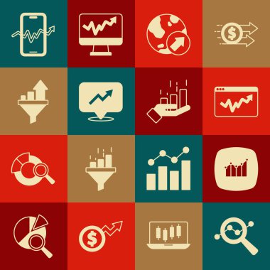 Arama veri analizini, finansal büyümeyi, grafik grafiğini, satış hunisini, mobil hisse senedi ticaretini ve simgeyi ayarla. Vektör