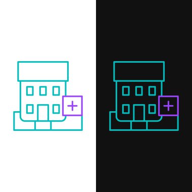 Beyaz ve siyah arka planda çapraz ikonu olan Line Tıp Hastanesi binası. Tıp merkezi. Sağlık hizmetleri. Renkli taslak konsepti. Vektör