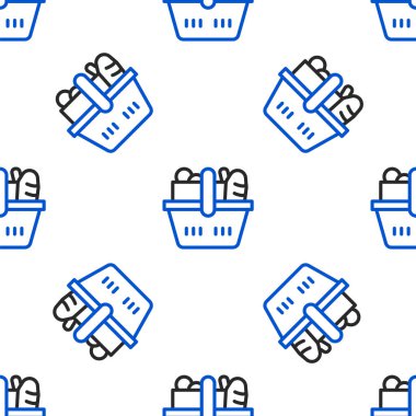 Hat alışveriş sepeti ve yiyecek ikonu beyaz arka planda izole edilmiş pürüzsüz desen. Yiyecek dükkanı, süpermarket. Renkli taslak konsepti. Vektör