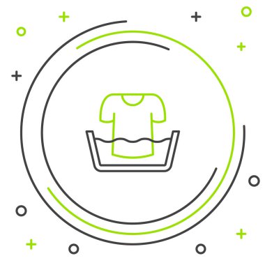 Çizgili plastik leğen ve beyaz arka planda izole edilmiş gömlek simgesi. Sulu kase. Çamaşır yıkama, temizlik malzemeleri. Renkli taslak konsepti. Vektör