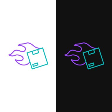 Çizgi karton kutu simgesi beyaz ve siyah arkaplanda izole edildi. Kutu, paket, paket işareti. Teslimat ve ambalaj. Renkli taslak konsepti. Vektör