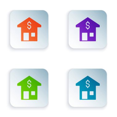 Beyaz arka planda dolar sembolü olan Renk Evi. Ev ve para. Emlak konsepti. Kare düğmelere renkli simgeleri yerleştir. Vektör